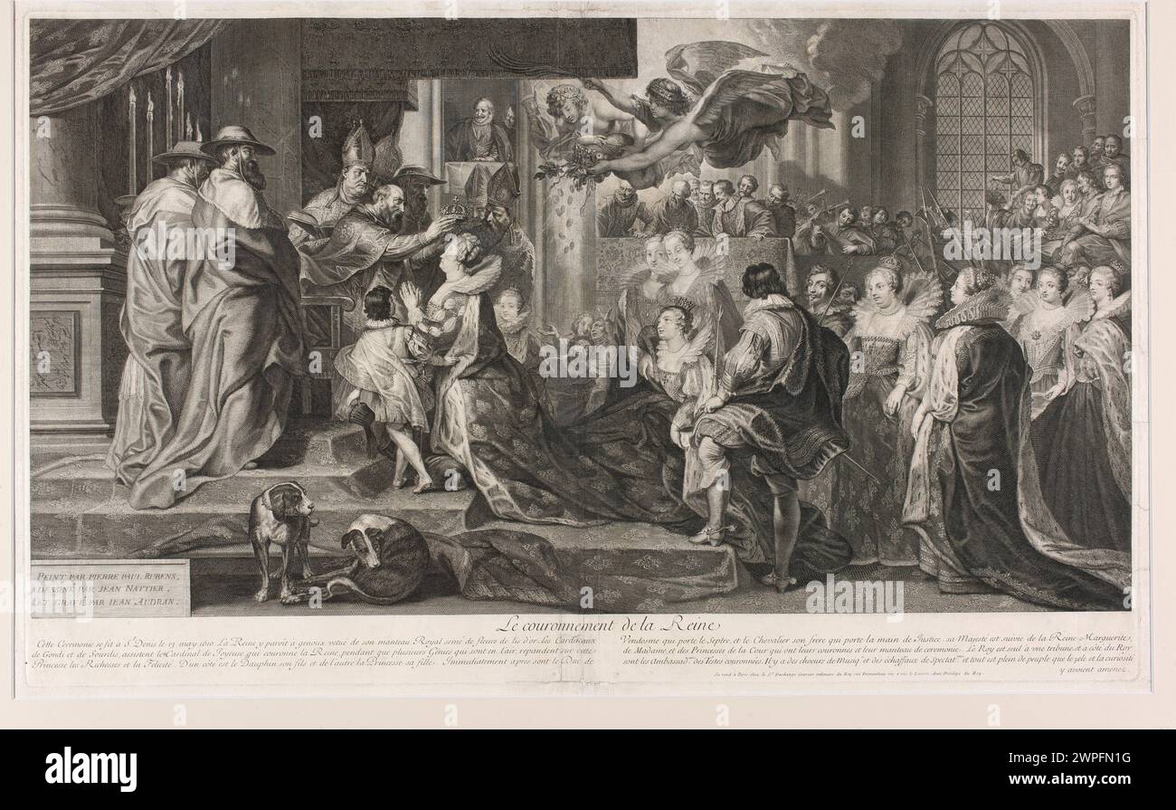 Incoronazione di Maria Medycej a Królowa in Francia. La Couronnement de la Reine. St Denis 13 mai 1610.; Audran, Jean (1667-1756), Nattier, Jean-Baptiste (1678-1726), Rubens, Peter Paul (1577-1640); 1707-1710 (1707-00-00-1710-00-00);Baczewski - collezione, Francia (stato), Genius (mitol.), Luigi XIII (Re di Francia - 1601-1643), Luigi XIII (Re di Francia - 1601-1643) - iconografia, Medicia (Regina di Francia - 1573-1642), Maria Medycejska (Regina di Francia - 1573-1642) - iconografia, Medici (famiglia), clero, allegorie cardinali, incoronazioni, corone di governanti, regina, regina, rif Foto Stock