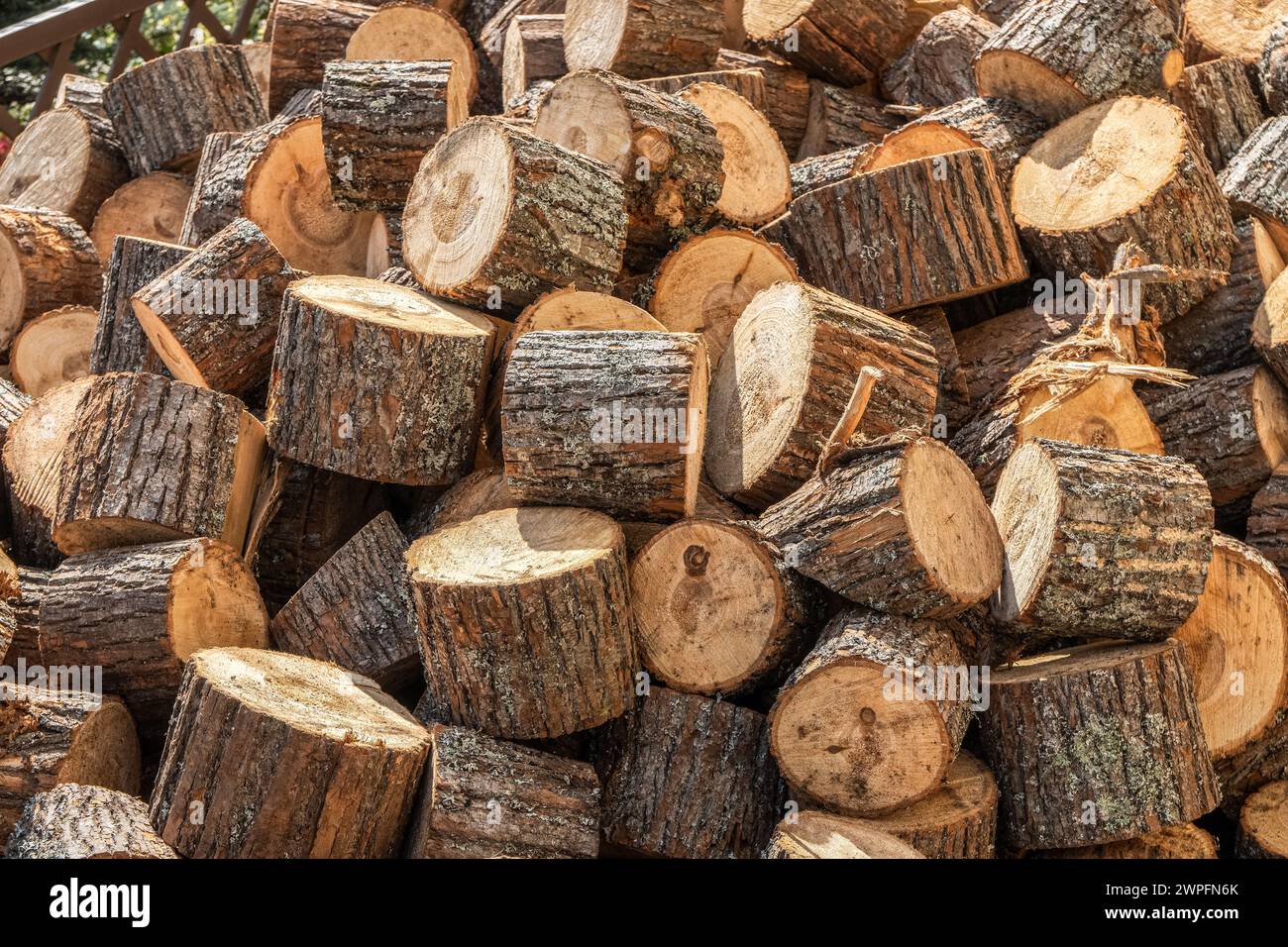 Pali di pino a taglio tondo per pavimentazioni di strade di campagna all'aperto. Materiale in legno naturale per cantieri edili. Cumulo di forniture per legname Foto Stock