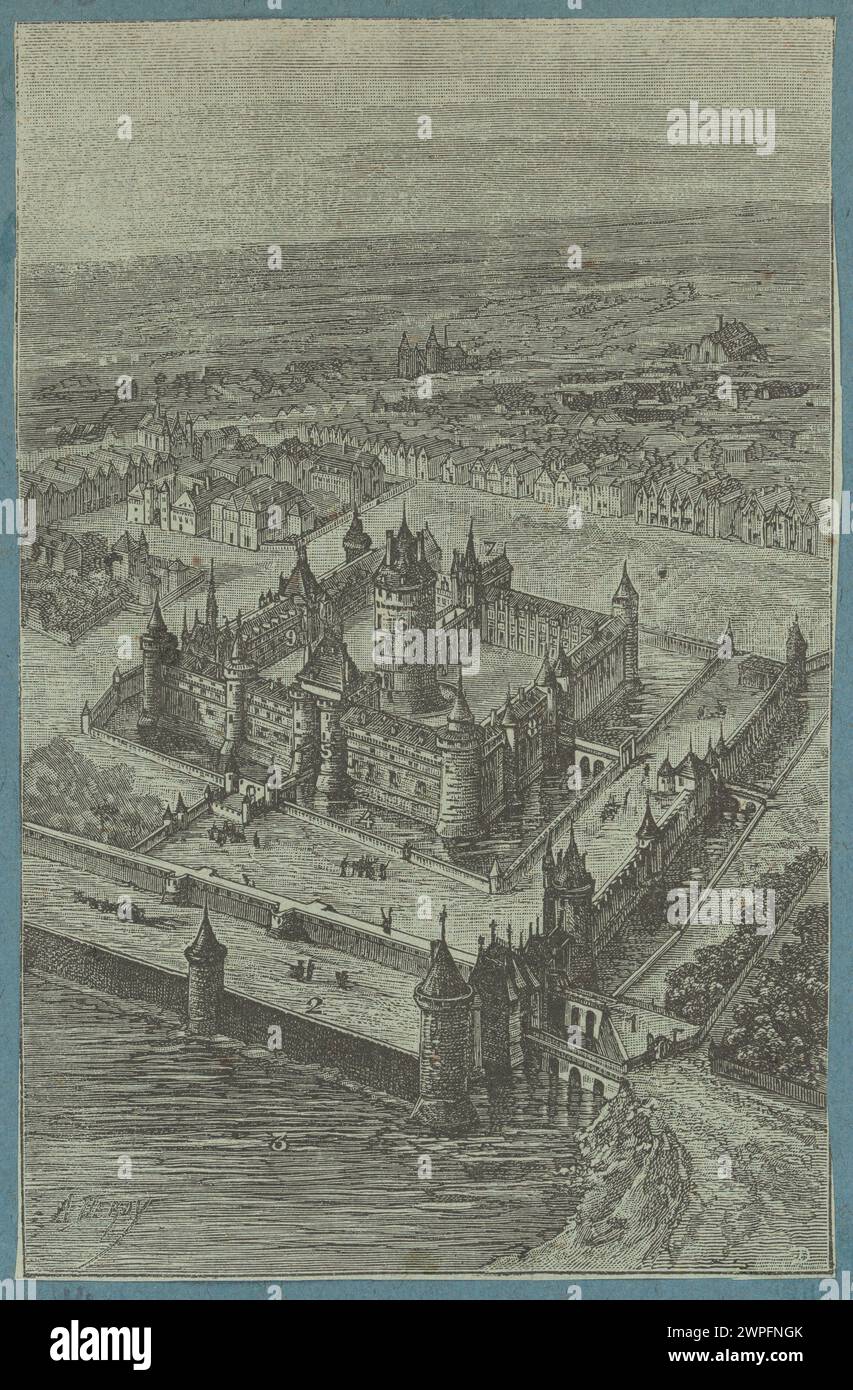 Boscata da Auguste Victor Deroy (1895-1903) che mostra un castello fortificato con il paesaggio circostante che include alberi e caratteristiche del terreno. Foto Stock