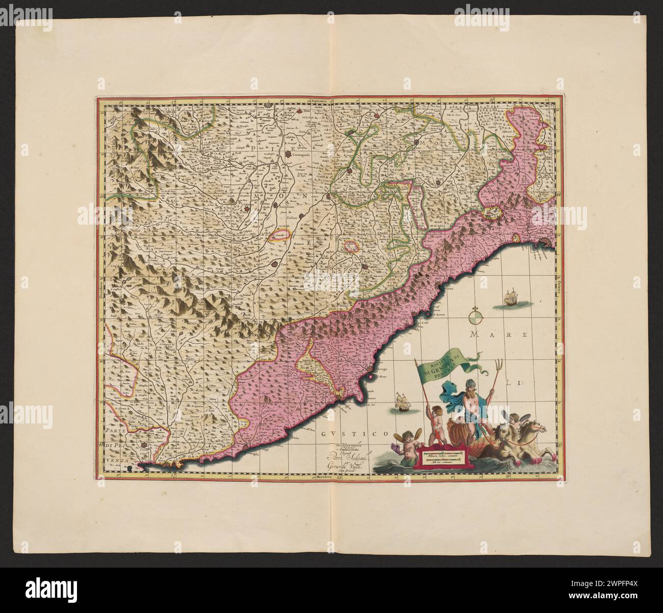 Mappa del 1711 di Pieter Schenck e Gerard Valck che mostra la riviera ligure occidentale vicino a Genova, evidenziando città, coste e confini regionali. Foto Stock