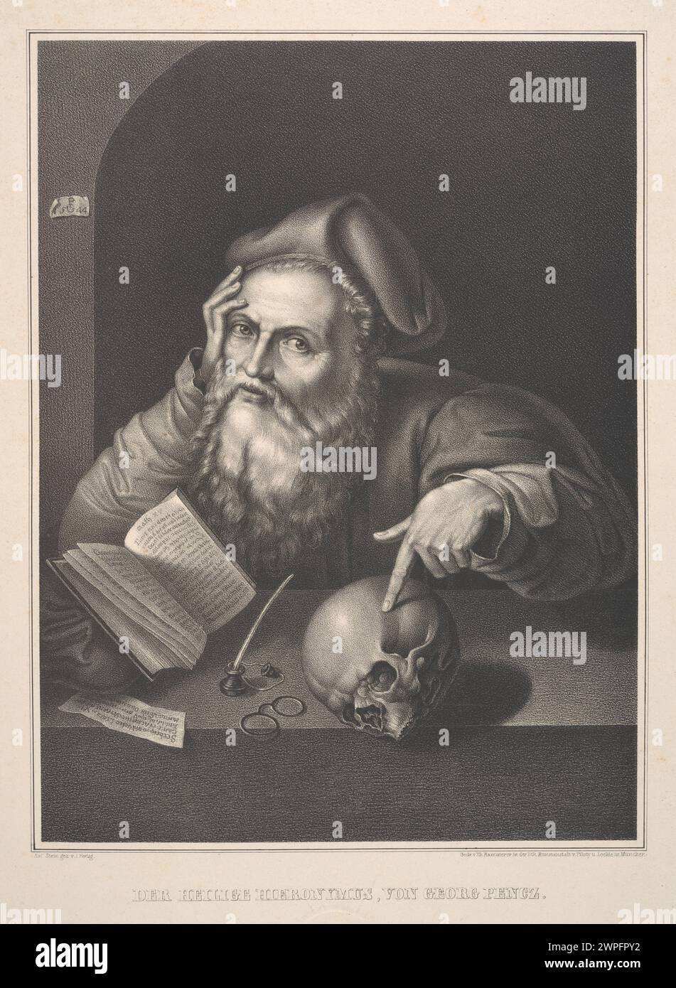Ritratto di San Hieronim, dipinto da Georg Pencz e riprodotto da Urd Lőhle prima del 1859, che mostra il santo in abiti religiosi con oggetti simbolici. Foto Stock