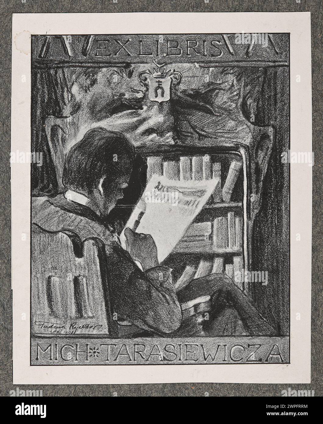Questa più piccola exlibris del 1903 di Mikha A Tarasiewicz, creata da Tadeusz Rychter, è una libreria personalizzata per la proprietà della marcatura. Foto Stock