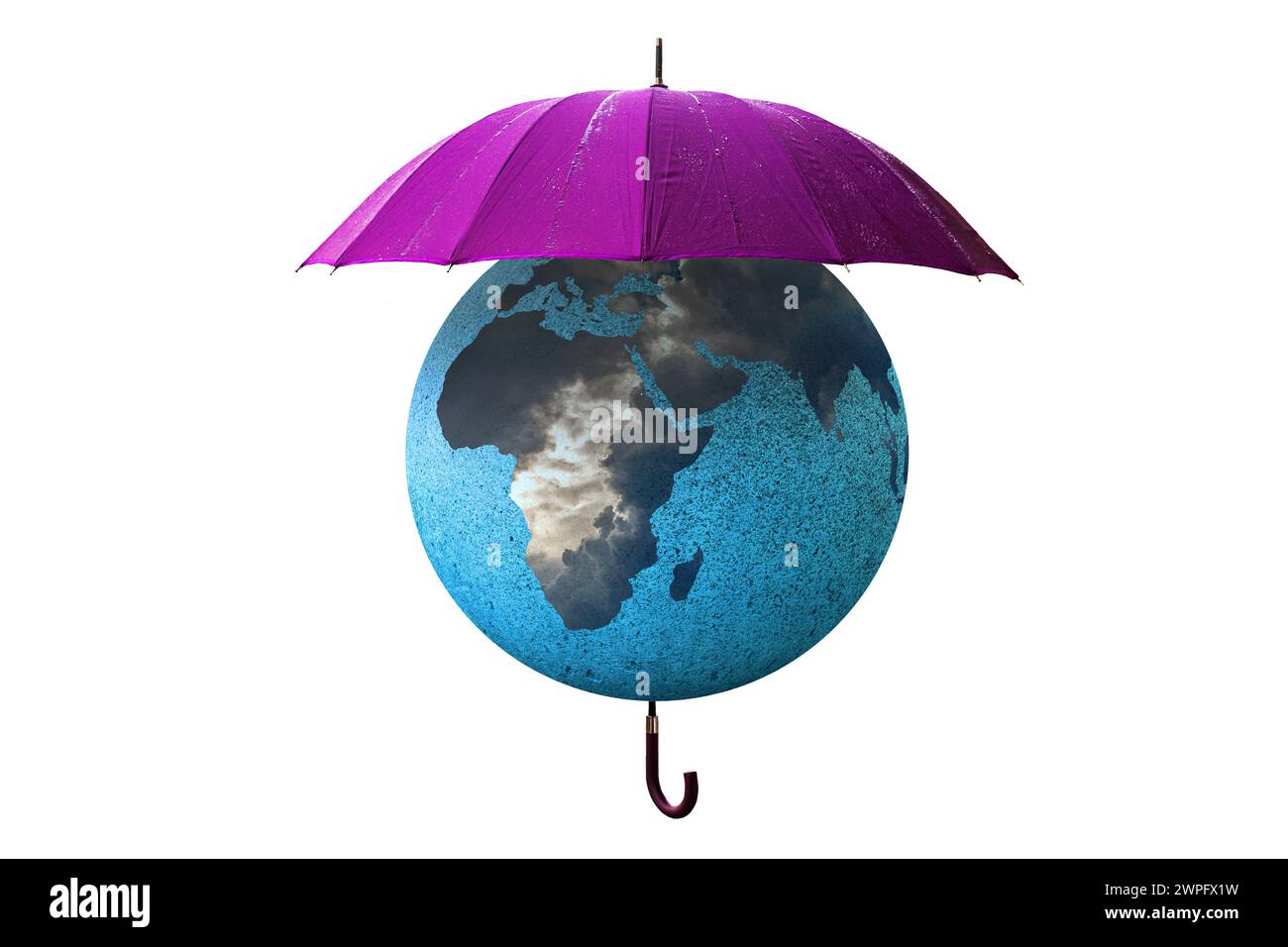 Globo terrestre con Europa, Africa e Asia coperti da un ombrello. Concetto di cambiamento climatico. Foto Stock