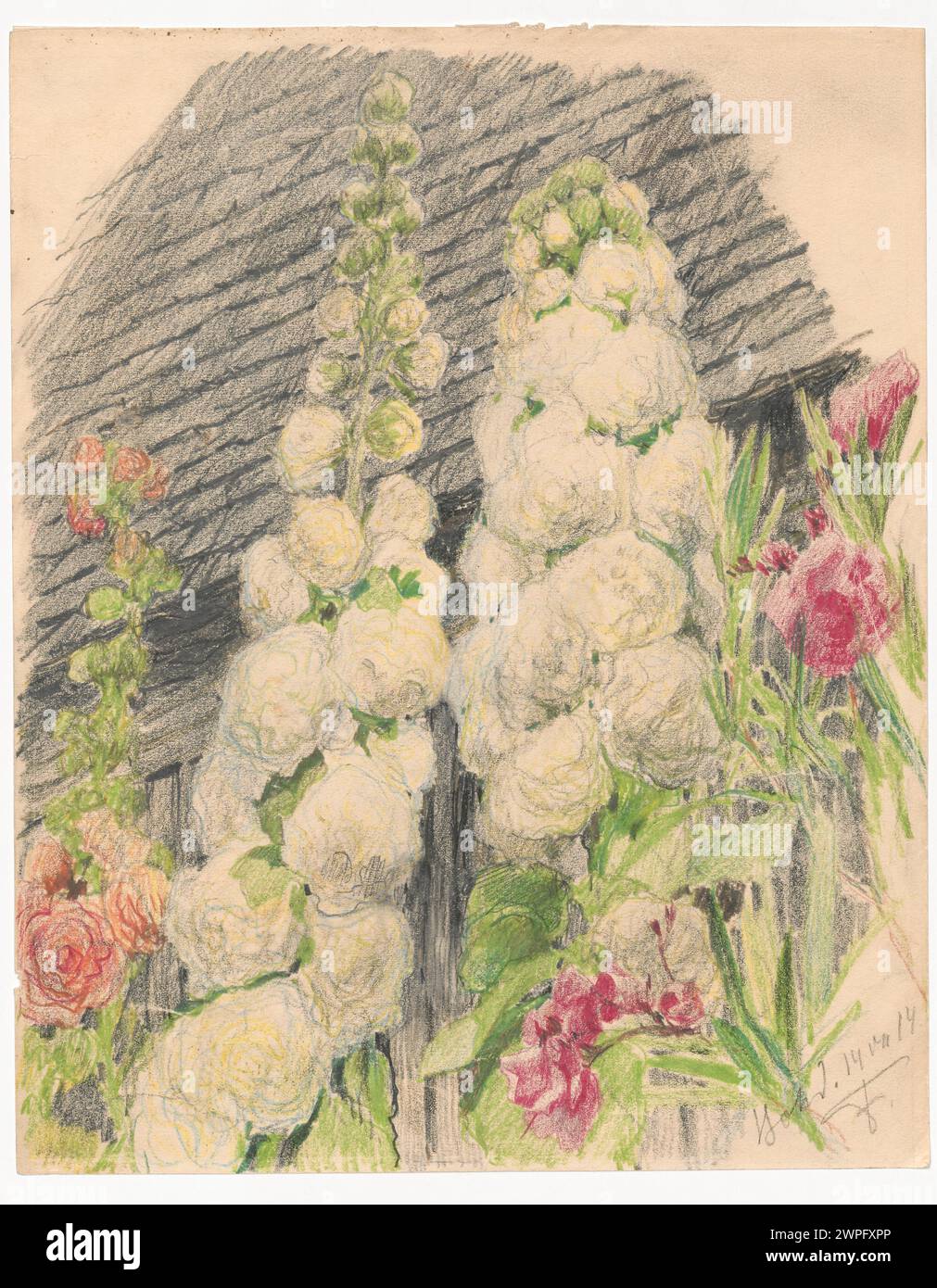 1914 dipinto di Ferdynand Ruszczyc che mostra piante di malva di fronte a una casa a Bohdanów, Bielorussia. Foto Stock