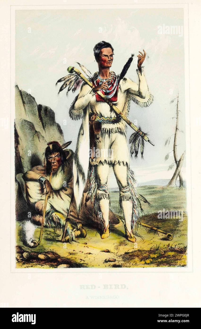 Litografia vintage "Red-Bird, A Winnebago" di McKenney & Hall. Dalla storia delle tribù indiane del Nord America. Philadelphia: D. Rice e A.N. Hart, 1855. Guerriero indigeno in piedi Foto Stock