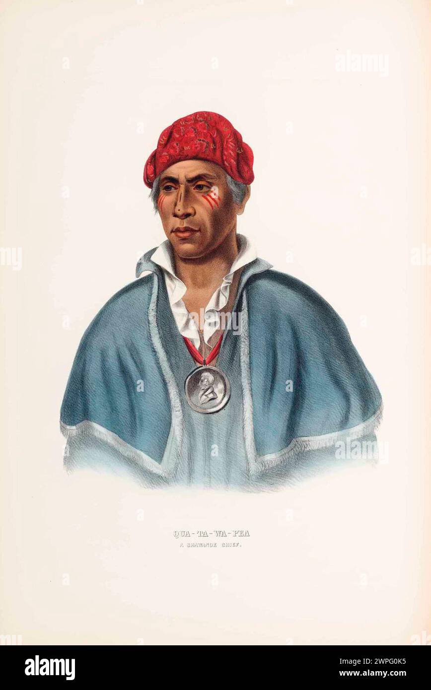 Litografia vintage "qua-Ta-Wa-Pea, a Shawande Chief" di McKenney & Hall. Dalla storia delle tribù indiane del Nord America. Londra: J. Campbell, 1837, Philadelphia: Frederick Greenough, 1838 e Daniel Rice & James G. Clark, 1844. Foto Stock