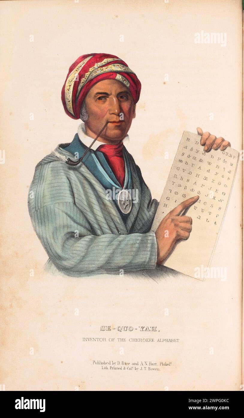 Litografia vintage "se-Quo-Yah, Inventor of the Cherokee Alphabet" di McKenney & Hall. Dalla storia delle tribù indiane del Nord America. Philadelphia: D. Rice e A.N. Hart, 1855. Foto Stock