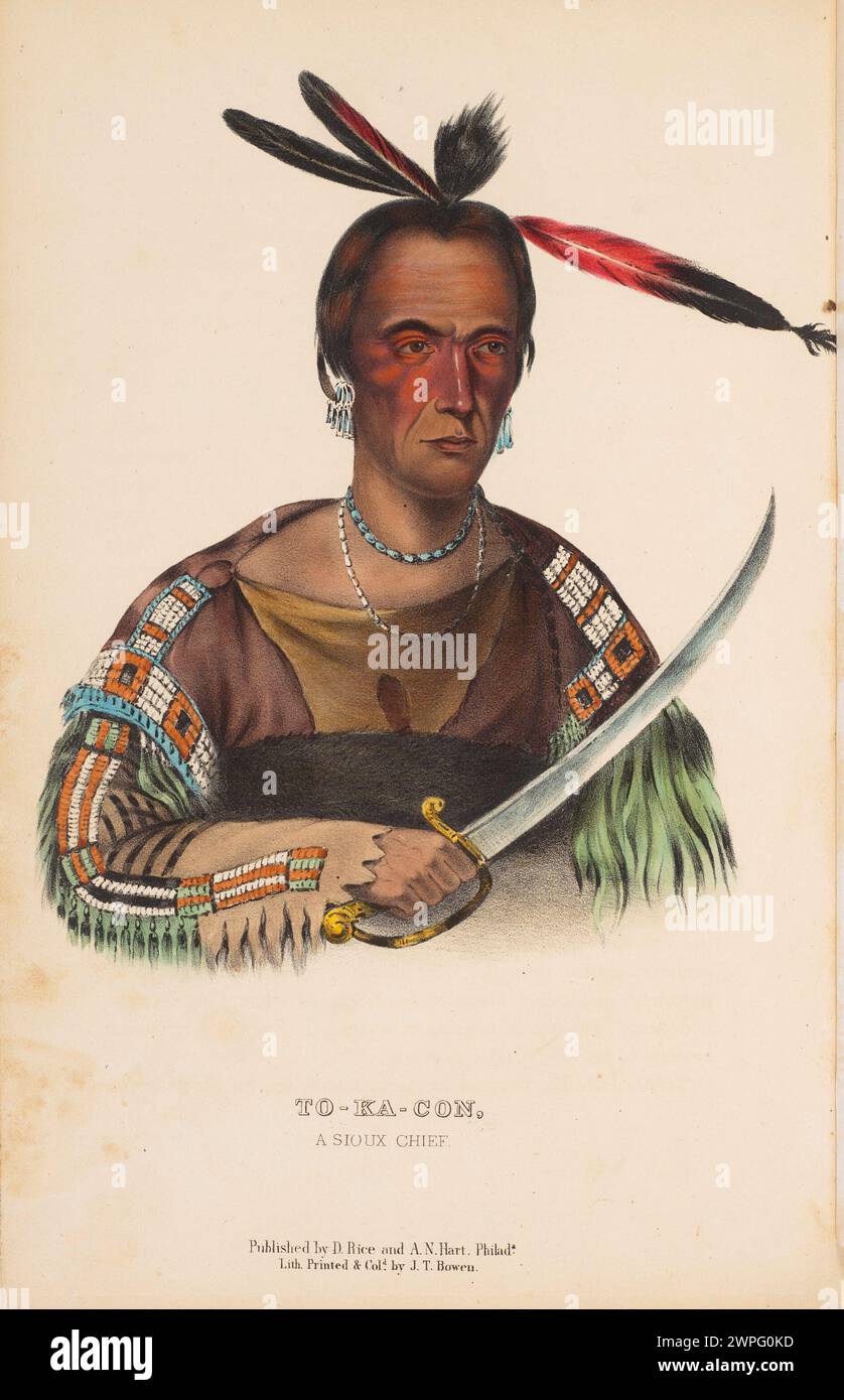 Litografia vintage "To-Ka-con, A Sioux Chief" di McKenney & Hall. Dalla storia delle tribù indiane del Nord America. Philadelphia: D. Rice e A.N. Hart, 1855. Foto Stock