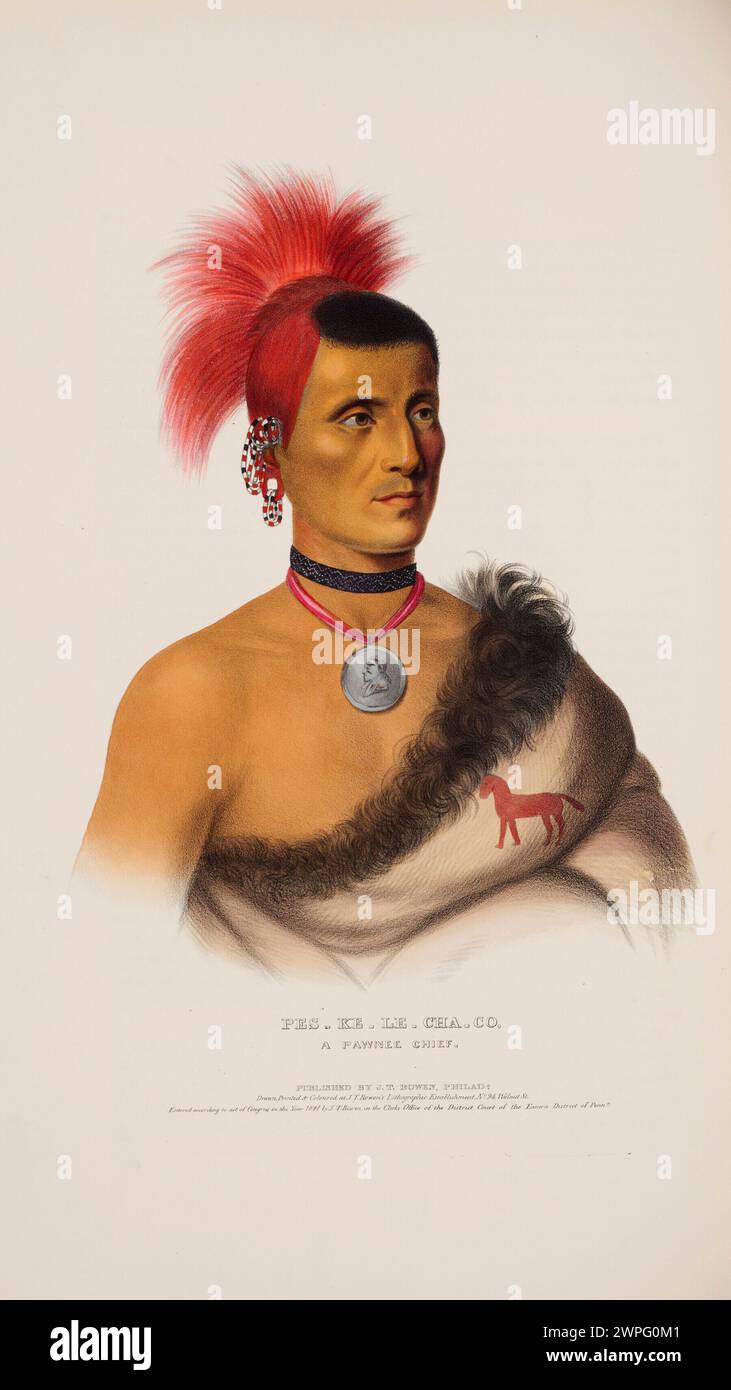 Litografia vintage "PES-KE-le-Cha-Co, a Fawnee Chief" di McKenney & Hall. Dalla storia delle tribù indiane del Nord America. Philadelphia: Edward C. Biddle, 1836; Frederick W. Greenough, 1838; Daniel Rice e James G. Clark, 1844. Foto Stock