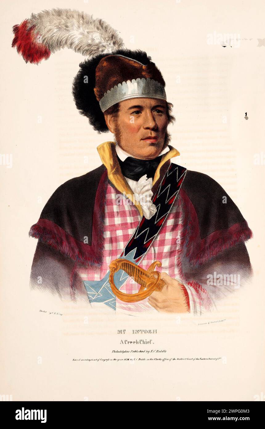 Litografia vintage "McIntosh, a Creek Chief" di McKenney & Hall. Dalla storia delle tribù indiane del Nord America. Philadelphia: Edward C. Biddle, 1836; Frederick W. Greenough, 1838; Daniel Rice e James G. Clark, 1844. Foto Stock