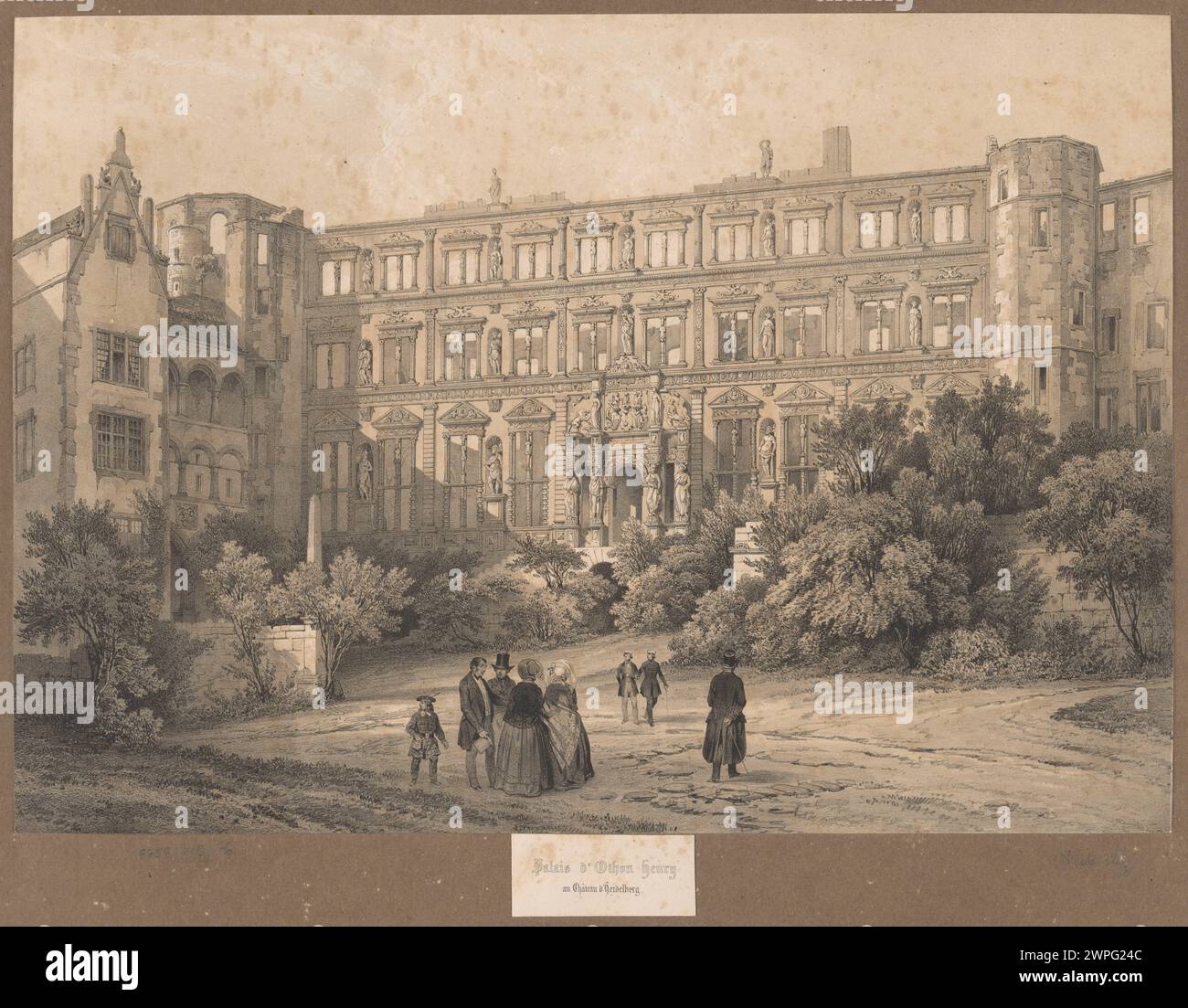 Questa litografia del 1844 raffigura il palazzo di otto Henryk a Heidelberg, in Germania. La stampa è stata prodotta da varie società litografiche, tra cui Anaglyphic Company e Sachse, riflettendo le pratiche litografiche europee della metà del XIX secolo. Foto Stock