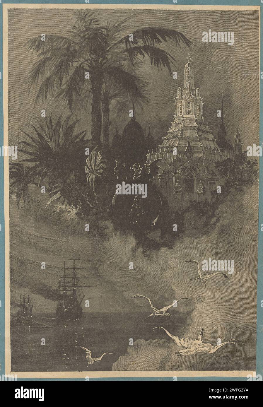 Illustrazione che mostra navi a vela in mare, gabbiani, palme e paesaggi costieri, creati tra il 1880 e il 1900. Foto Stock