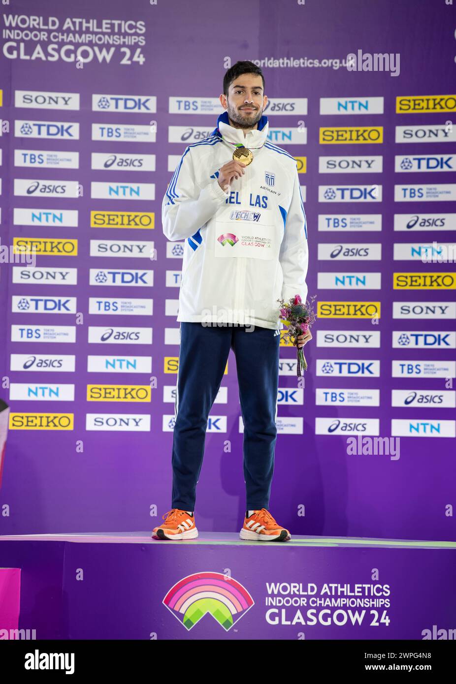 Miltiadis Tentoglou della Grecia medaglia d'oro nel salto lungo maschile ai Campionati mondiali di atletica leggera indoor, Emirates Arena, Glasgow, Scotlan Foto Stock