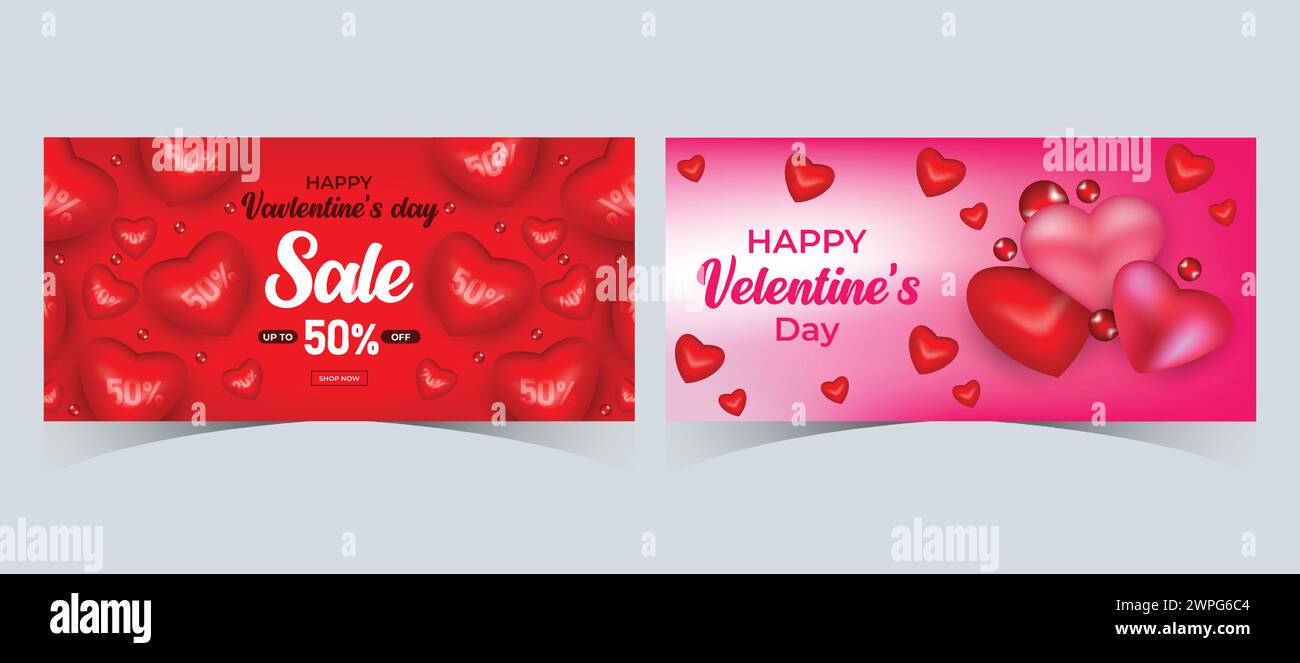 Set di banner Web Super sale di San Valentino Post con cuori di sfondo. Modello di acquisto promozione sconto grande offerta per San Valentino Illustrazione Vettoriale