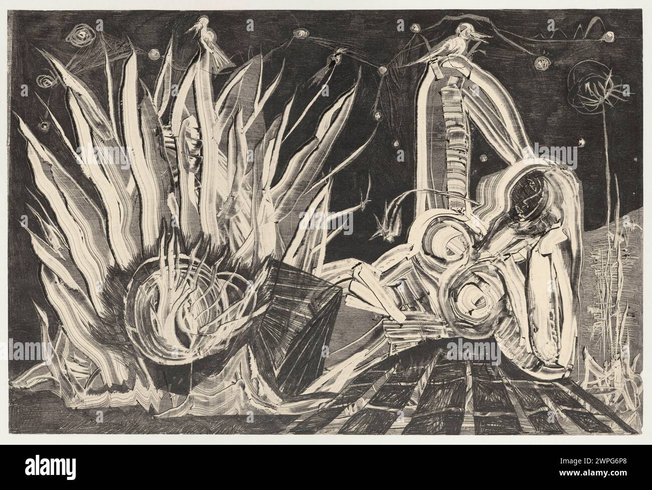 Un'opera d'arte del 1955 di Jerzy Tchórzewski raffigurante una donna con un uccello, evidenziando l'arte figurativa polacca del XX secolo e la composizione moderna. Foto Stock