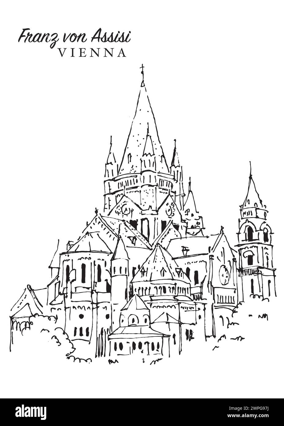 Illustrazione vettoriale disegnata a mano della chiesa cattolica Franz von Assisi a Vienna, Austria. Illustrazione Vettoriale