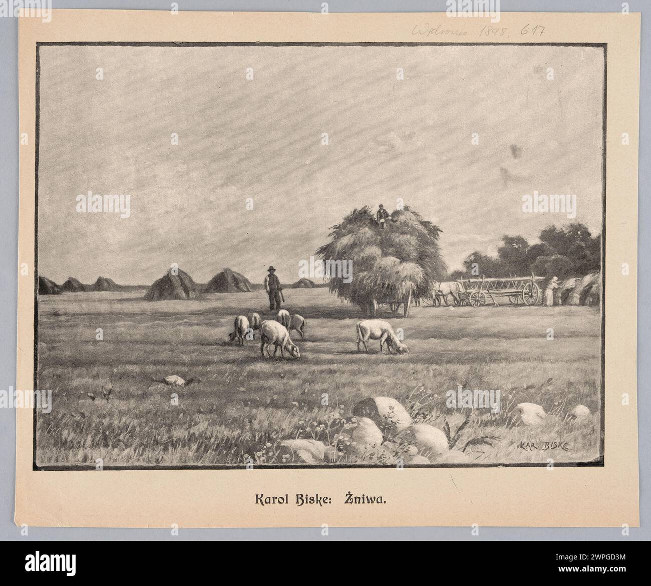 Riproduzione dell'illustrazione del 1898 di Karol Bisk raffigurante una scena del raccolto, pubblicata sulla rivista di Varsavia "Wędrowiec". Foto Stock