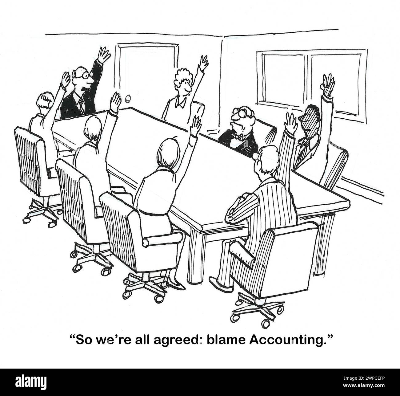 Il cartone animato BW di un'intera squadra che vota per incolpare la contabilità. Foto Stock