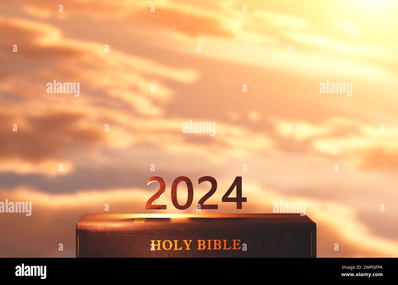 Anno nuovo 2024, sole nascente, alba e tramonto sfondo, croce di Gesù Cristo, Santa Bibbia, fede in dio, convinzione, misericordia, pace e chiesa Foto Stock