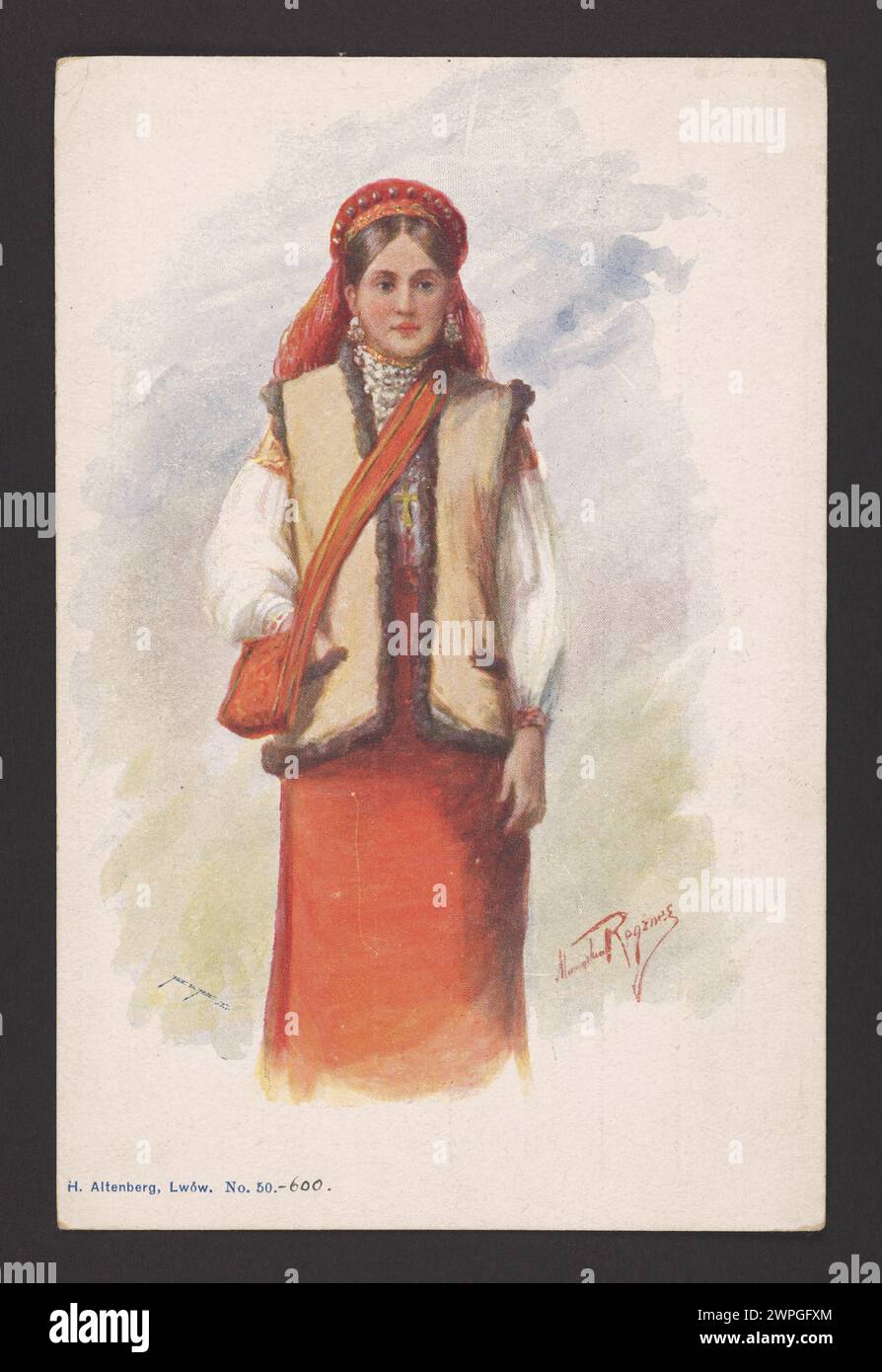 Il disegno di Mieczysław Reyzner del 1910 circa mostra una ragazza che indossa un costume regionale, pubblicato da Herman Altenberg a Leopoli. Foto Stock