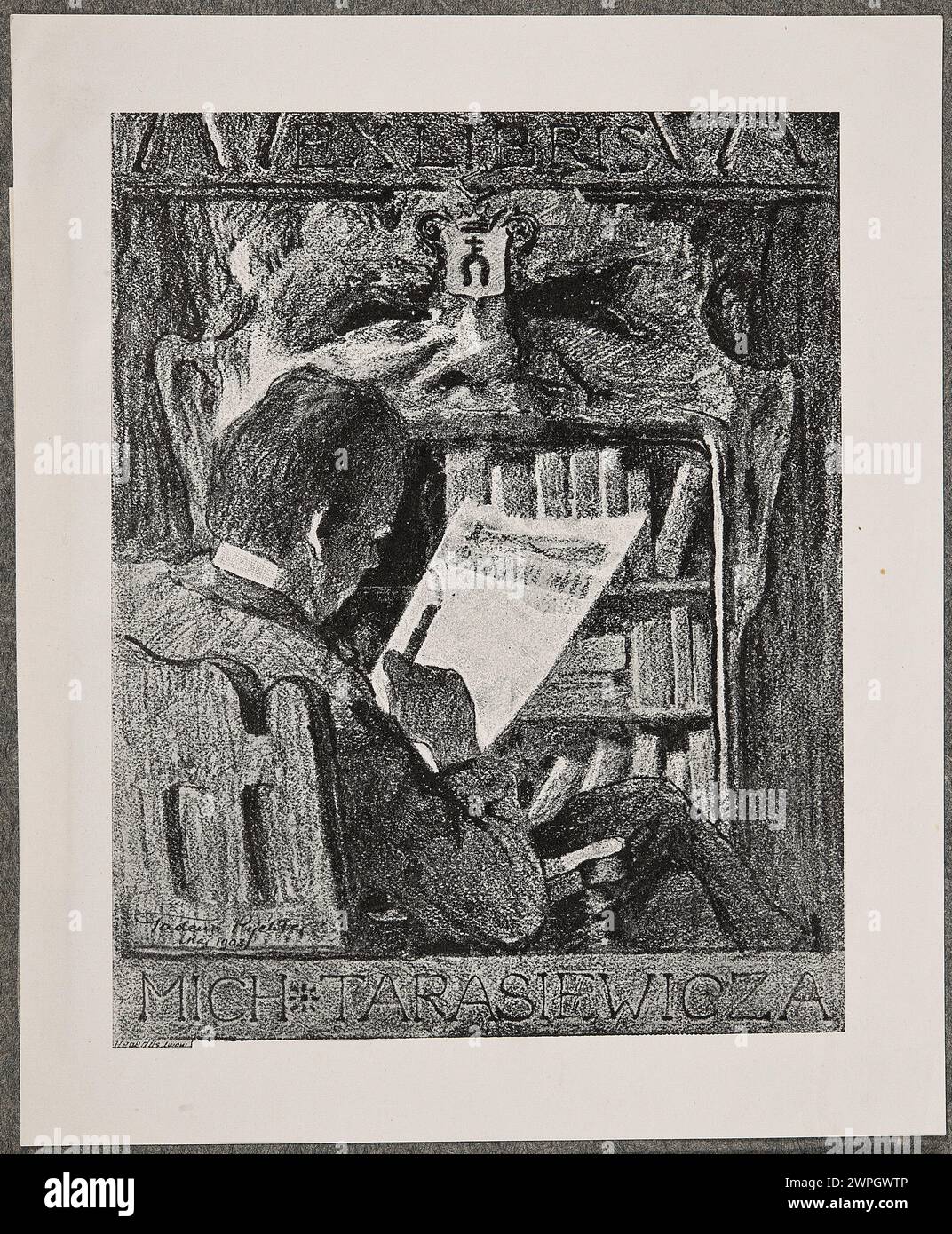 Questa più grande exlibris del 1903 di Mikha A Tarasiewicz, progettata da Tadeusz Rychter, funziona come una libreria personalizzata per i libri. Foto Stock