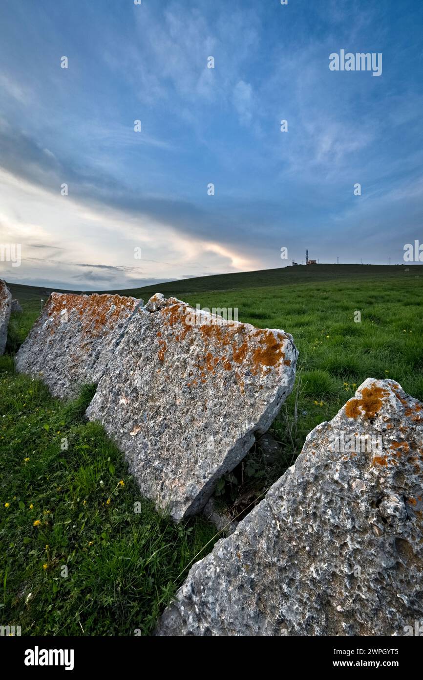 Pietre di confine tra i pascoli del monte Tomba in Lessinia. Bosco Chiesanuova, Veneto, Italia. Foto Stock