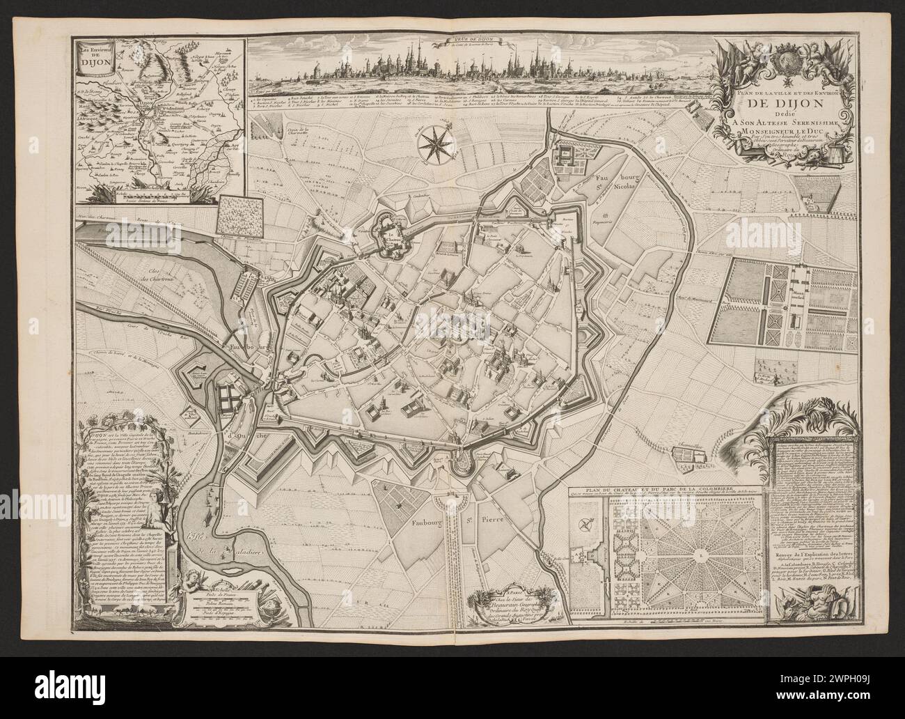 Mappa di Digione e dei suoi dintorni creata da Jean Beauin nel 1763, che mostra le strade, gli edifici e le caratteristiche geografiche della città, illustrando la pianificazione urbana e la cartografia francese del XVIII secolo. Foto Stock