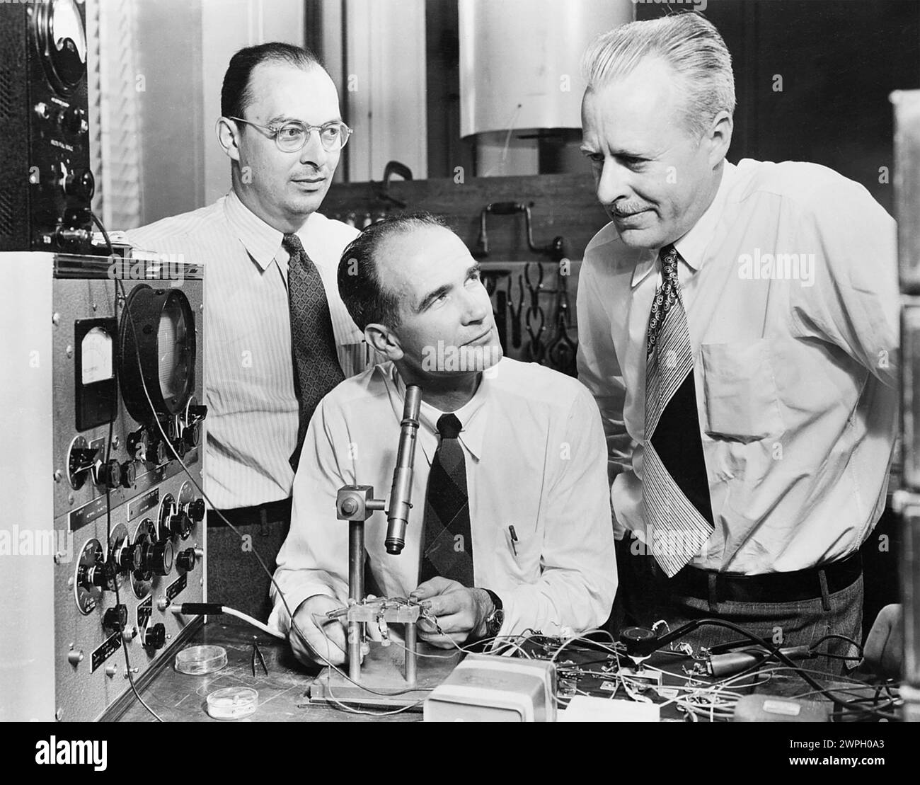 JOHN BARDEEN (1908-1991) fisico e ingegnere elettrico americano a sinistra nei Bell Labs nel 1948 con William Shockley (seduto) e Walter Brattain. Foto: AT&T. Foto Stock