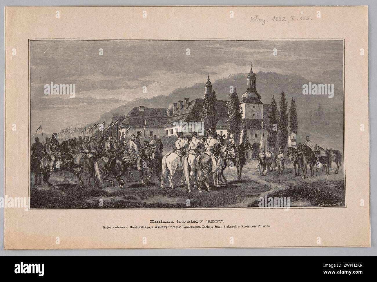 Riproduzione dell'illustrazione del 1882 di Józef Brodowski "cambio dei quartieri di guida", pubblicata sulla rivista Kłosy, che mostra i trasporti storici e le carrozze trainate da cavalli. Foto Stock