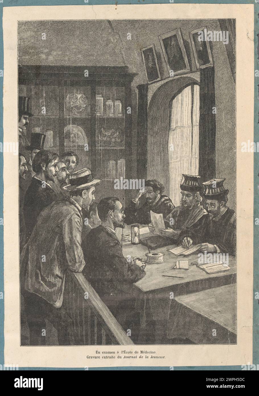 Illustrazione che raffigura un esame presso l'Ecole de Médecine tra il 1879 e il 1883, che mostra studenti, istruttori e strumenti medici. Foto Stock