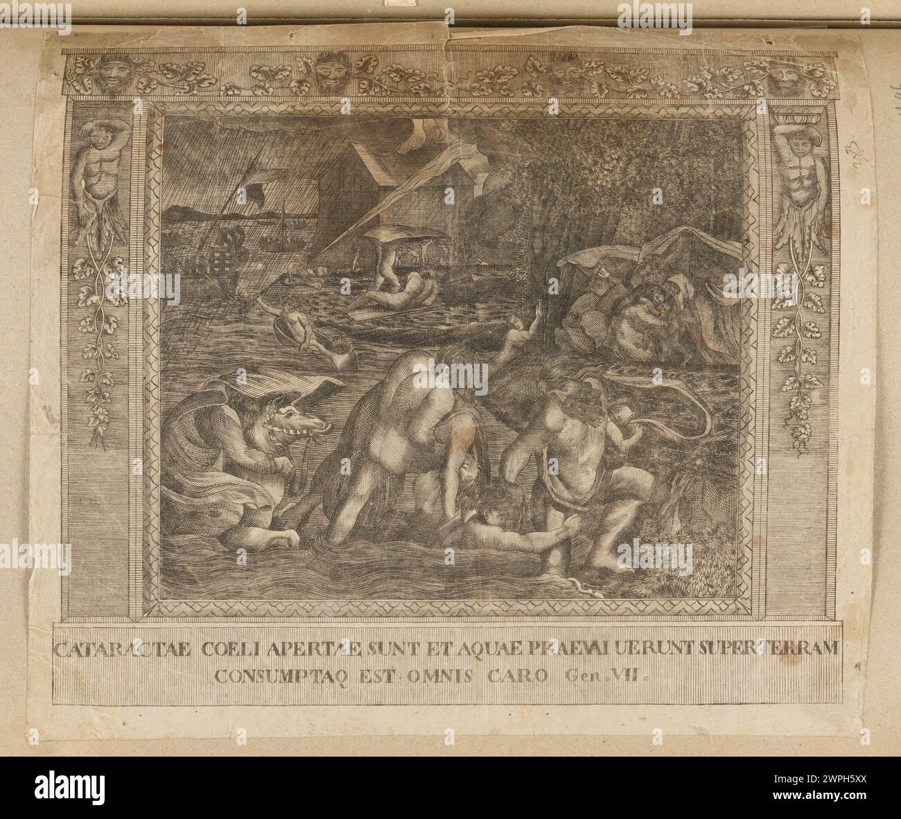 Opere d'arte del XVIII secolo raffiguranti il diluvio e l'Arca di Noè, attribuite a Rafael, che mostrano la narrazione biblica, l'arca e gli animali. Foto Stock