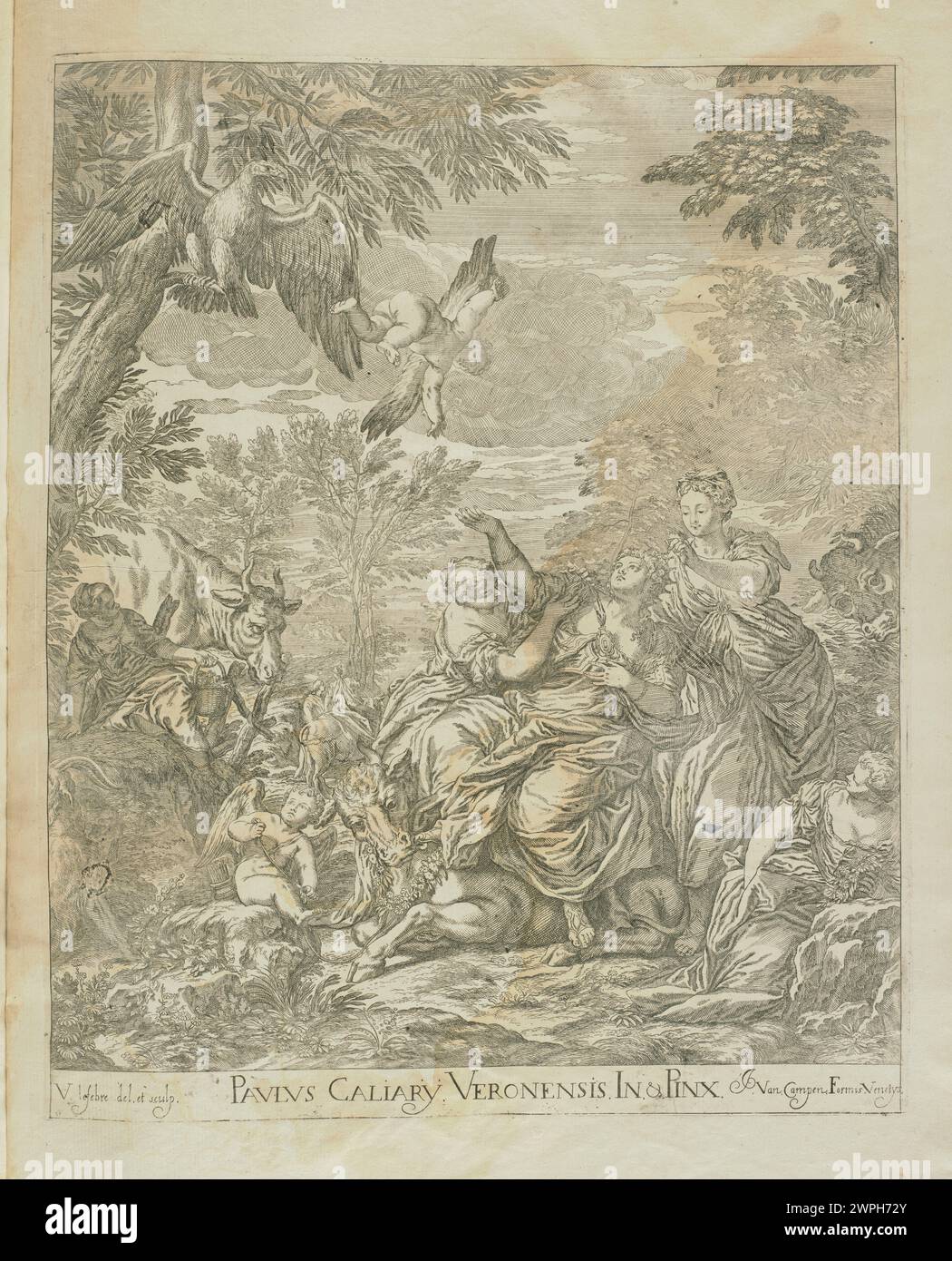 Dipinto mitologico che raffigura il rapimento dell'Europa, creato da Valentin le Febre, Paolo Veronese e Jacob Van Camen nel 1682, che illustra figure classiche in scena dinamica. Foto Stock