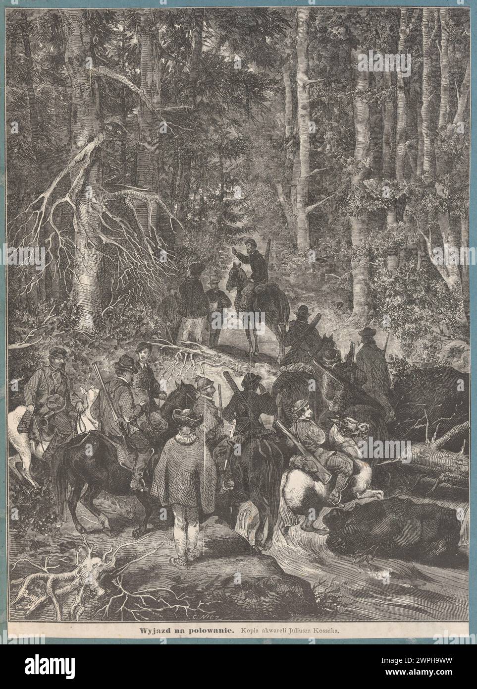 Dipinto di Edward Nich e Juliusz Kossak creato tra il 1874 e il 1895, che mostra una scena di caccia con ciclisti, cani e paesaggi, che riflette le attività all'aperto polacche del XIX secolo. Foto Stock