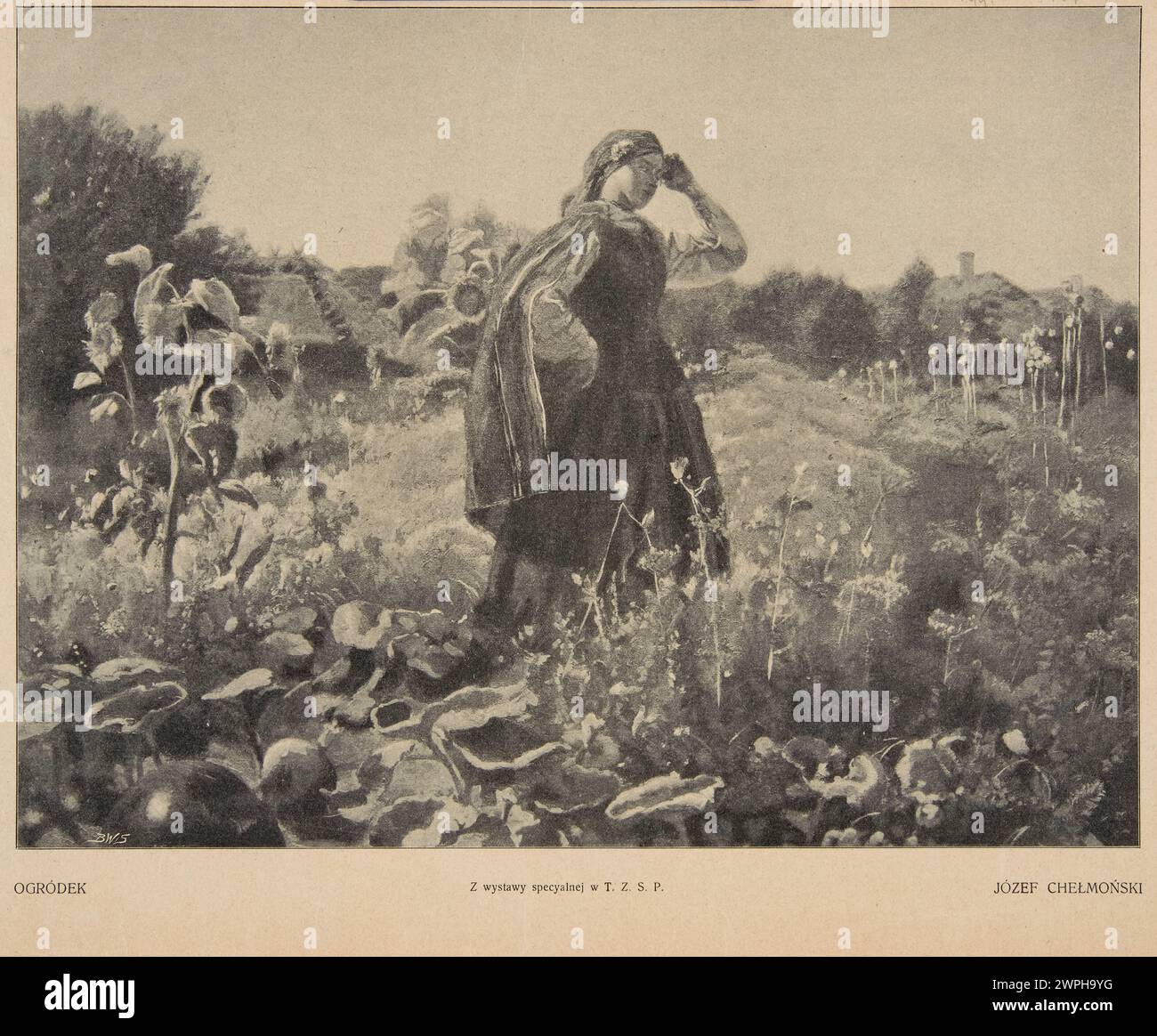 Illustrazione di Józef Chełmoński raffigurante un giardino con figure, piante, sentieri ed elementi architettonici, pubblicata nel 1907. Foto Stock