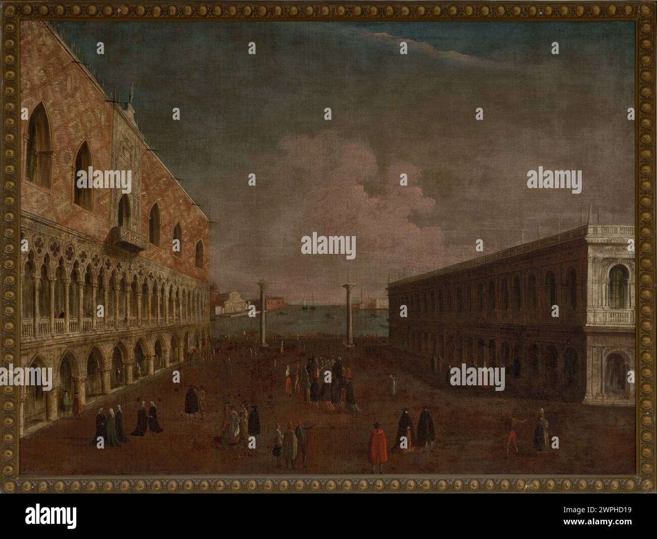 Un dipinto del Palazzo Dogi a Venezia di Pietro Bellotti della scuola veneziana, realizzato tra il 1746 e il 1770, raffigurante dettagli architettonici e canali circostanti. Foto Stock