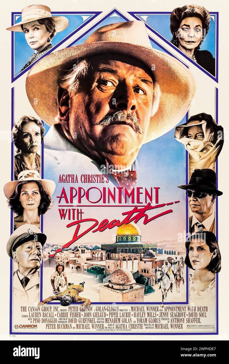 Appuntamento con la morte (1988) diretto da Michael Winner e interpretato da Peter Ustinov, Lauren Bacall, Carrie Fisher, John Gielgud, Hayley Mills e Jenny Seagrove. Tutte le star hanno preso parte a un adattamento del romanzo poliziesco di Agatha Christie sulla vacanza di Poirot in Medio Oriente e sull'inevitabile omicidio lungo la strada! Fotografia di un poster originale da 1988 US a un foglio. ***SOLO PER USO EDITORIALE*** credito: Distributori BFA / Cannon Film Foto Stock