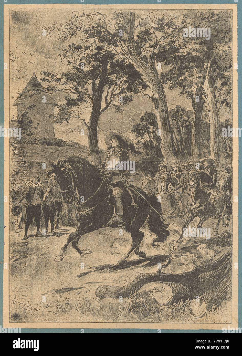 Un'illustrazione di Adrien Emmanuel Marie del 1891 raffigurante una carrozza trainata da cavalli che passa attraverso un villaggio. Le opere d'arte mostrano l'architettura rurale, le strade e la vita dei villaggi alla fine del XIX secolo. Foto Stock