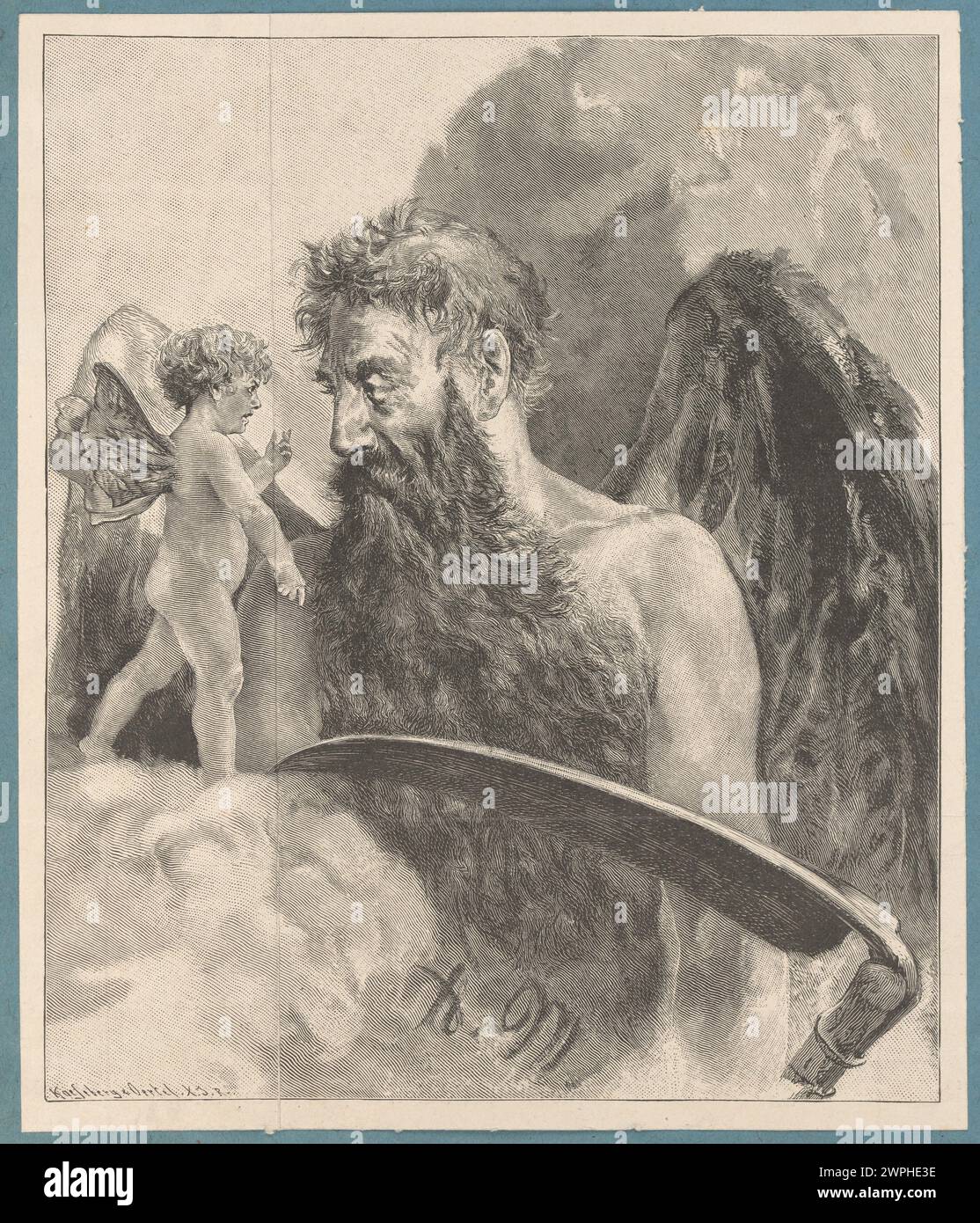 Illustrazione del 1880-1895 raffigurante Saturno e un putto alato, prodotto da Kaeseberg & Oertel e R. Klepsch a Lipsia, che rappresenta l'arte decorativa europea del XIX secolo e temi mitologici. Foto Stock