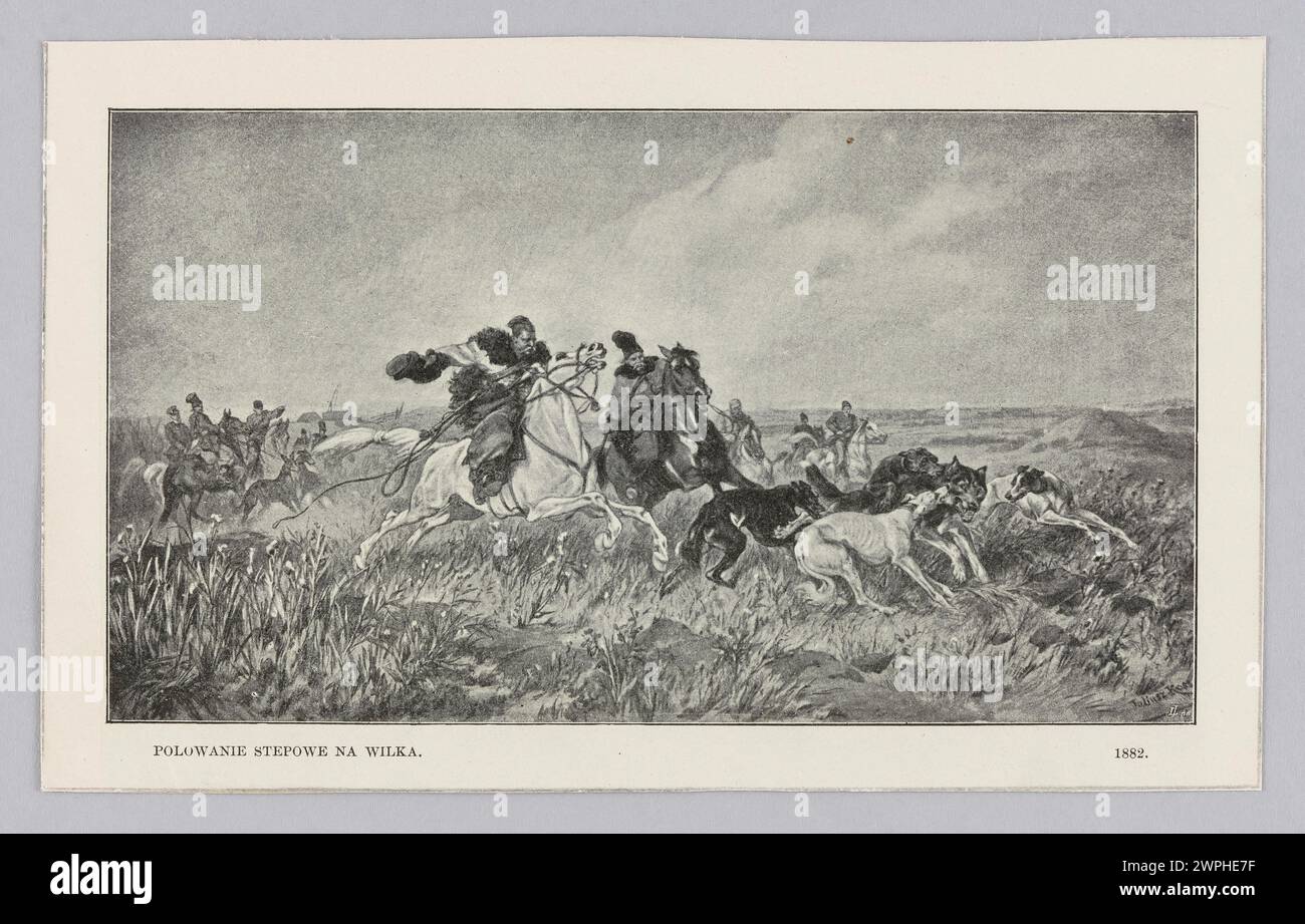 Riproduzione del dipinto di Juliusz Kossak che raffigura una caccia al lupo delle steppe, illustrando cavalli, cavalieri e tecniche di caccia dell'arte polacca dell'inizio del XX secolo. Foto Stock