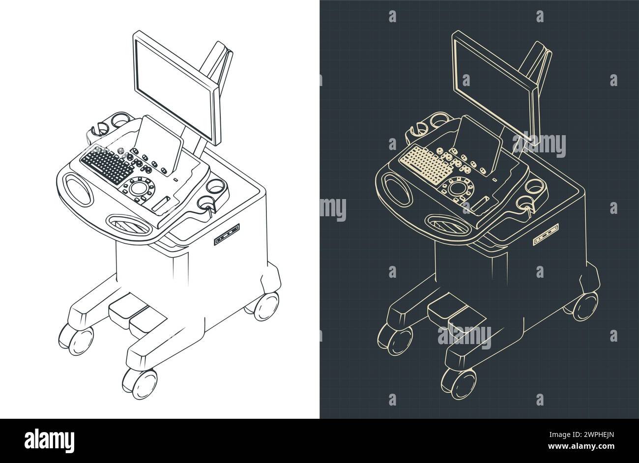 Illustrazione vettoriale stilizzata di progetti isometrici di una macchina a ultrasuoni Illustrazione Vettoriale
