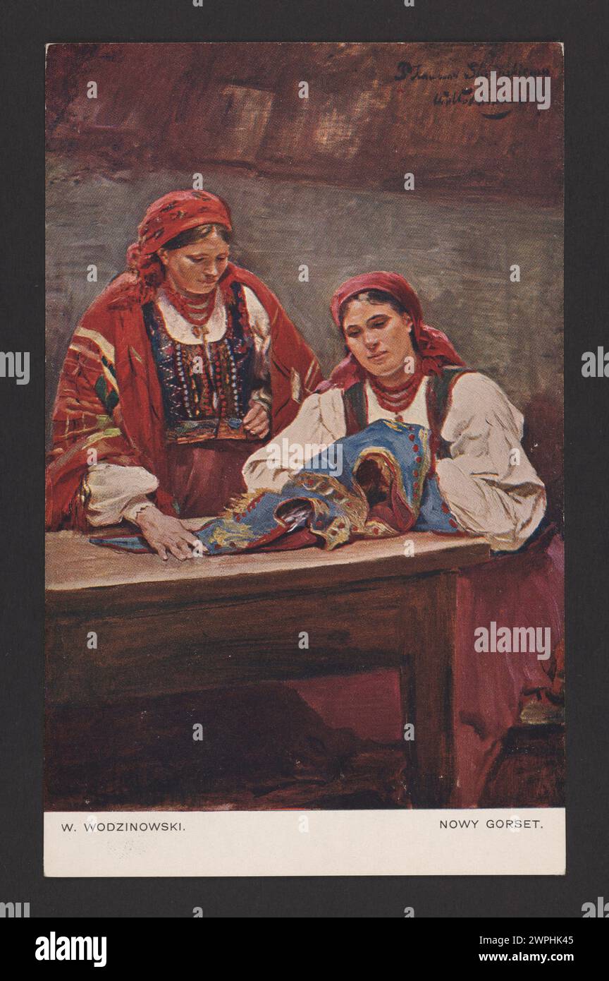 Dipinto di Wincenty Wodzinowski intitolato 'Nowy Corset', creato nel 1908 e pubblicato da Jan Czernecki, che mostra una donna che indossa o indossa un nuovo corsetto, illustrando abbigliamento, moda e vita domestica nella Polonia dei primi anni del XX secolo. Foto Stock