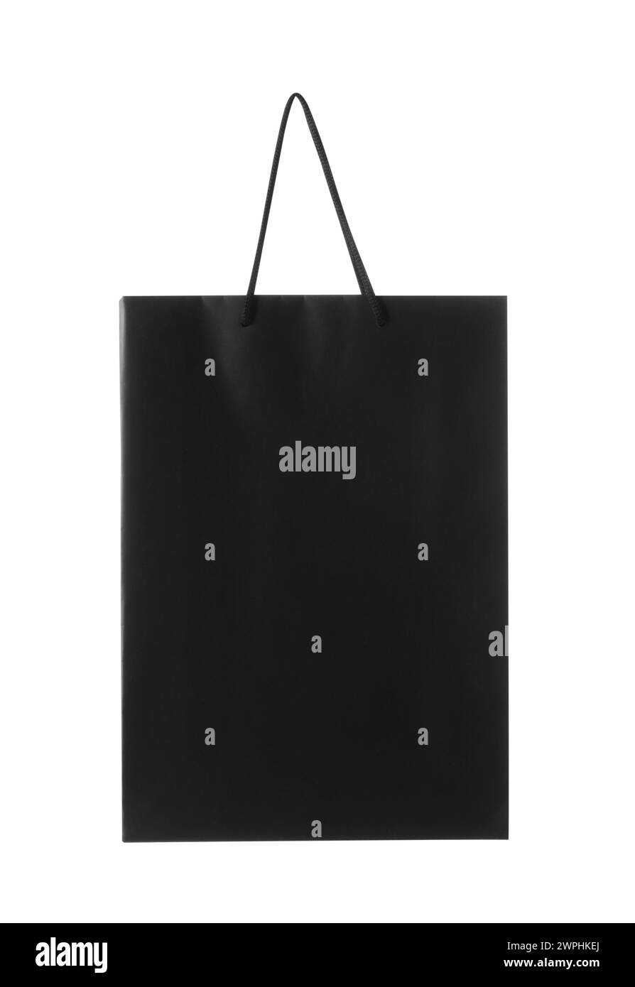 Un sacchetto di carta nero isolato su bianco Foto Stock