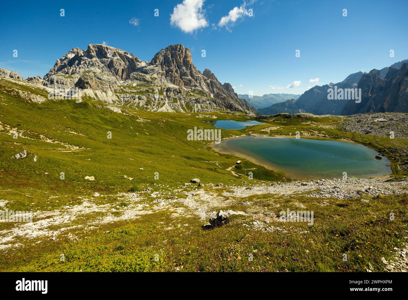 Acqua limpida di stagno color smeraldo-turchese nella zona dei Laghi dei piani Foto Stock