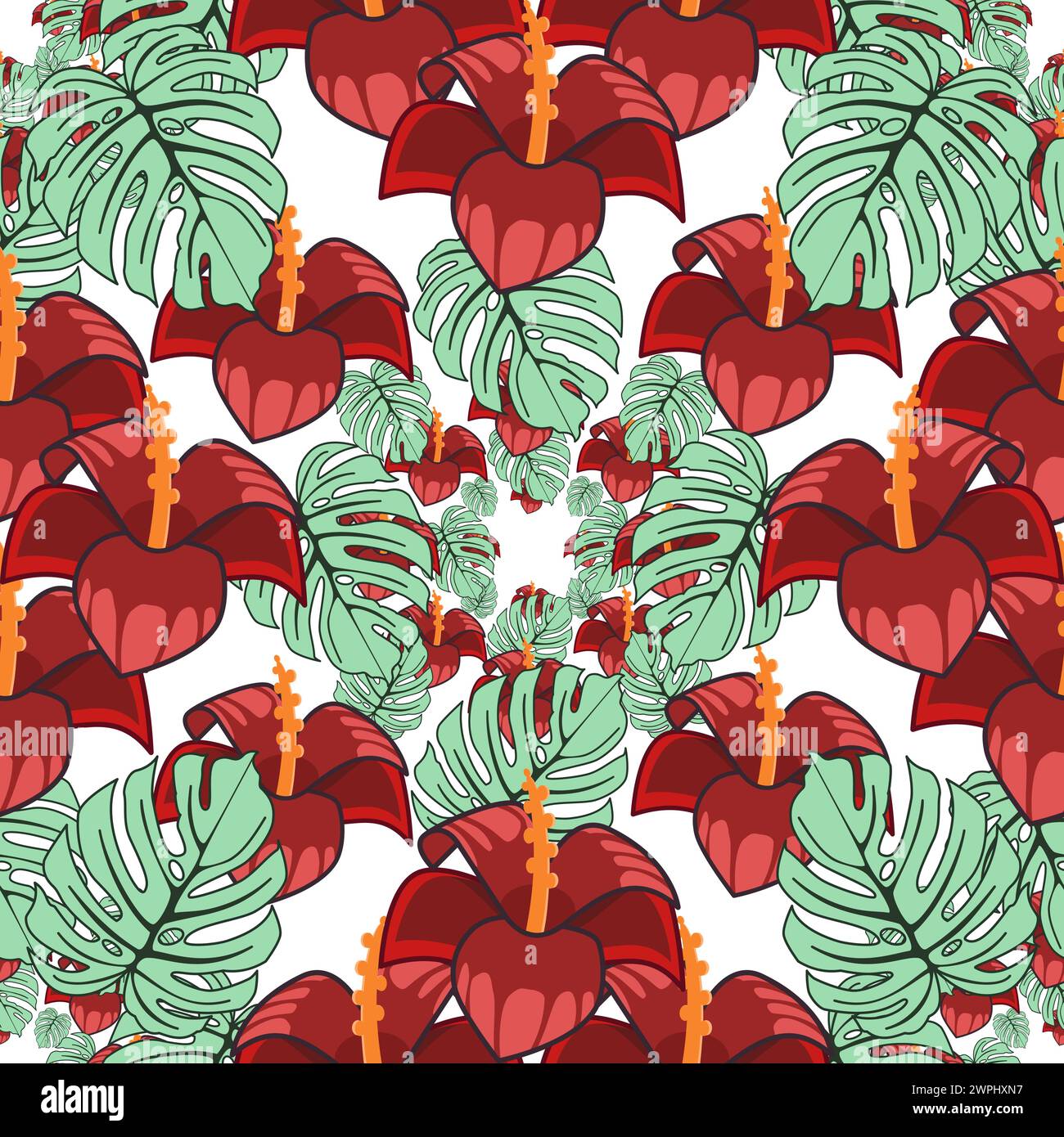 Motivo tropicale senza cuciture con foglie di monstera e illustrazione vettoriale di fiori esotici Illustrazione Vettoriale