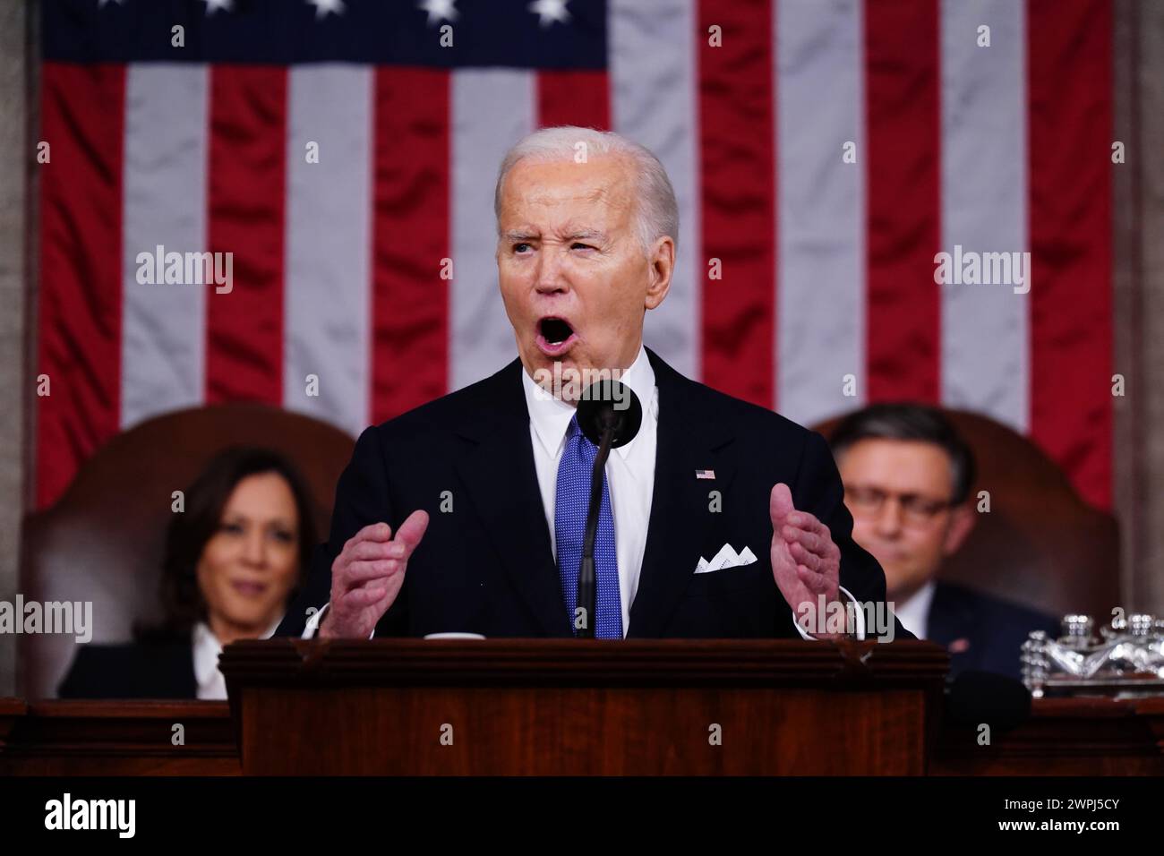 Il presidente DEGLI STATI UNITI Joe Biden tiene il suo terzo discorso sullo stato dell'Unione nella camera del Campidoglio degli Stati Uniti a Washington, DC, USA. 7 marzo 2024. (Foto di Pool/Sipa USA) credito: SIPA USA/Alamy Live News Foto Stock