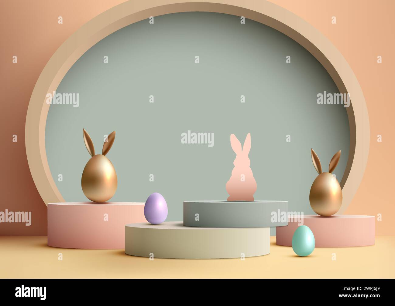 Presenta i tuoi prodotti moderno modello podio pasquale. Design 3D con colori pastello, forme geometriche, uova, coniglio, è perfetto per la stagione primaverile. Illustrazione Vettoriale