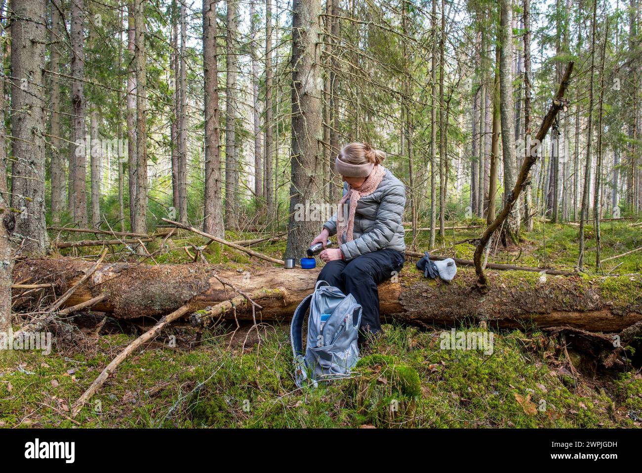 Donna che prende un caffè seduto su un tronco nella foresta Foto Stock