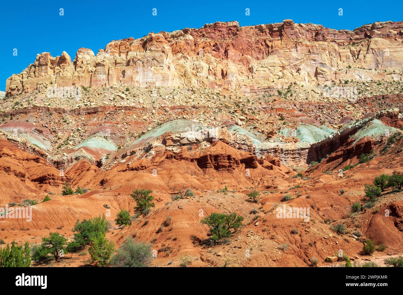 Strati di terra colorati all'interno della Colorado Plateau Physiographic Province nel Capitol Reef National Park nello Utah, USA Foto Stock