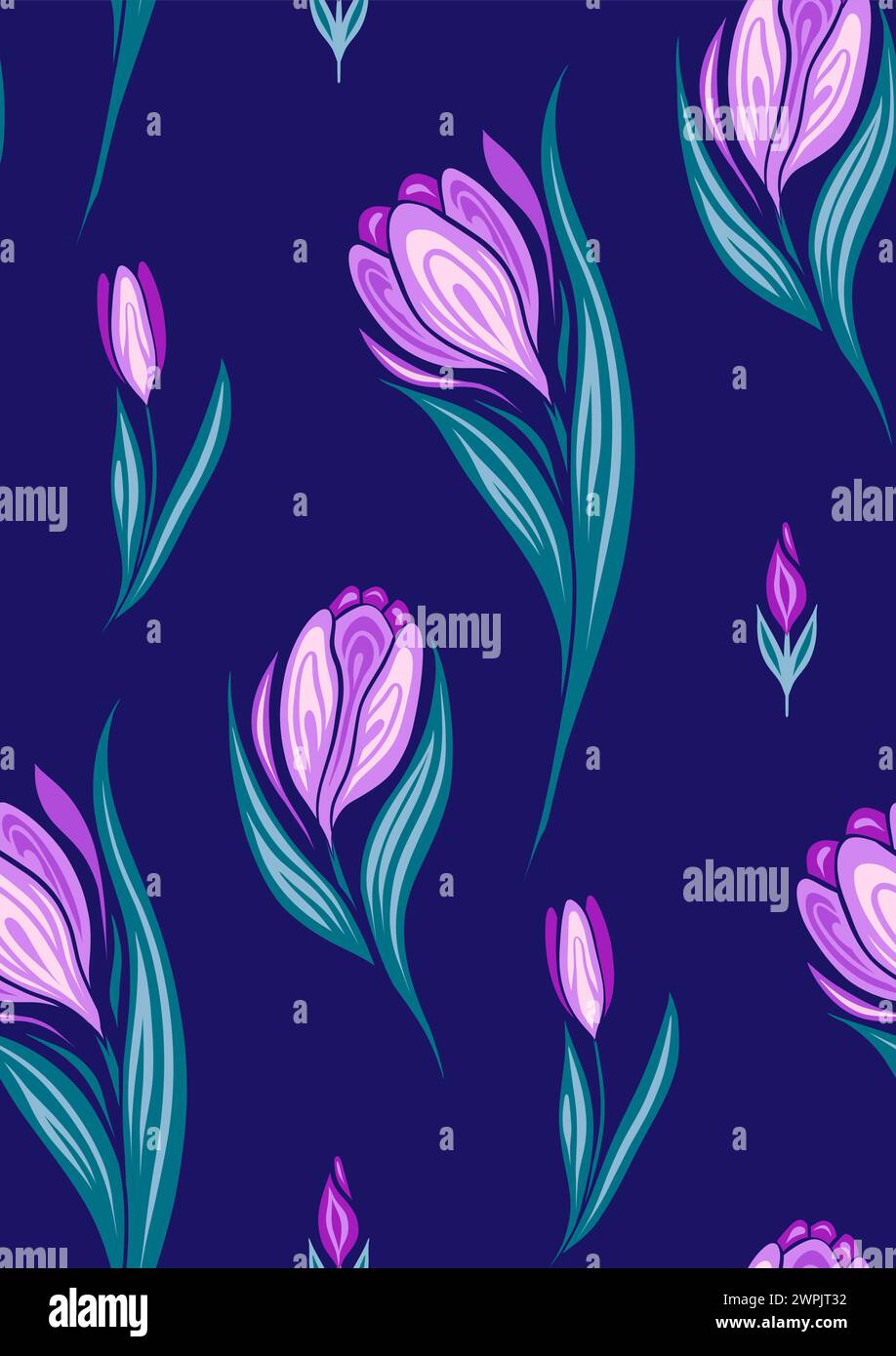Motivo vettoriale senza cuciture con fiori primaverili. Design decorativo della superficie con croci viola su sfondo viola. Texture floreale per tessuti. Fiorito Illustrazione Vettoriale