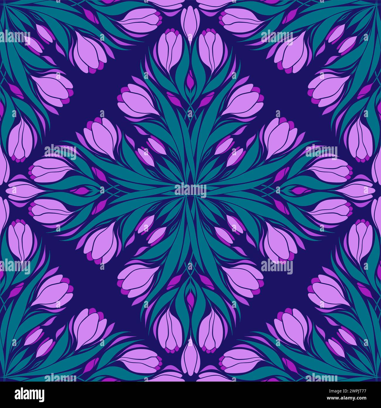 Motivo caleidoscopio vettoriale senza cuciture con croci. Design della superficie Art Nouveau con Iris decorativi su sfondo viola. Texture floreale primaverile Illustrazione Vettoriale